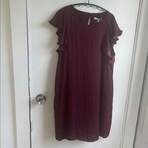 Elegant Burgundy Naked Zebra Ruffle Sleeve Dress Size Large